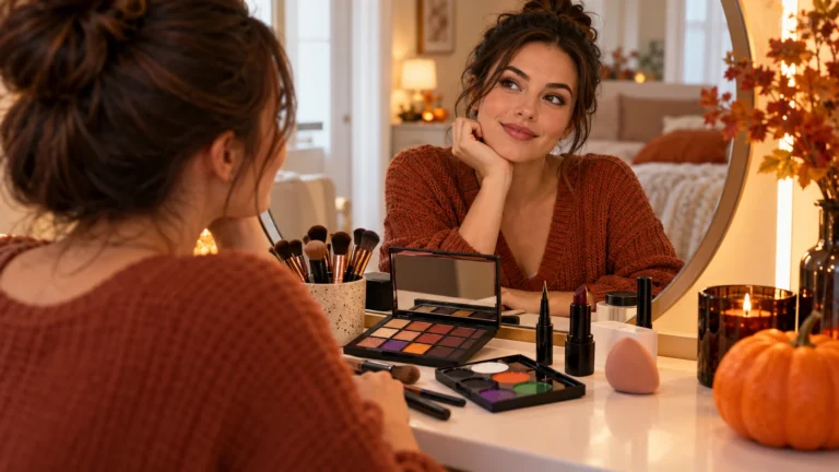 Woman at a home vanity with Halloween makeup supplies laid out before starting a beginner tutorial