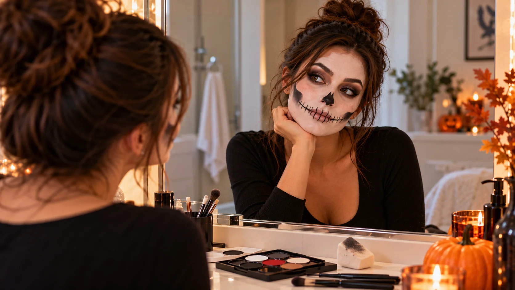 Finished skeleton face paint look with a white base and black eye and nose shading