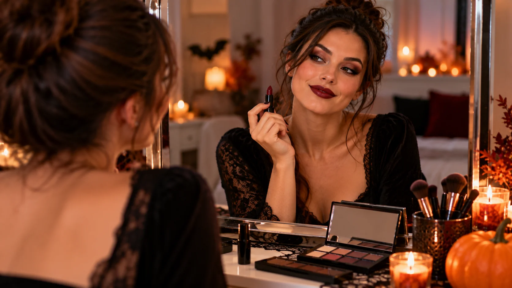 Applying a dark lipstick as the final step of an easy vampire Halloween makeup look