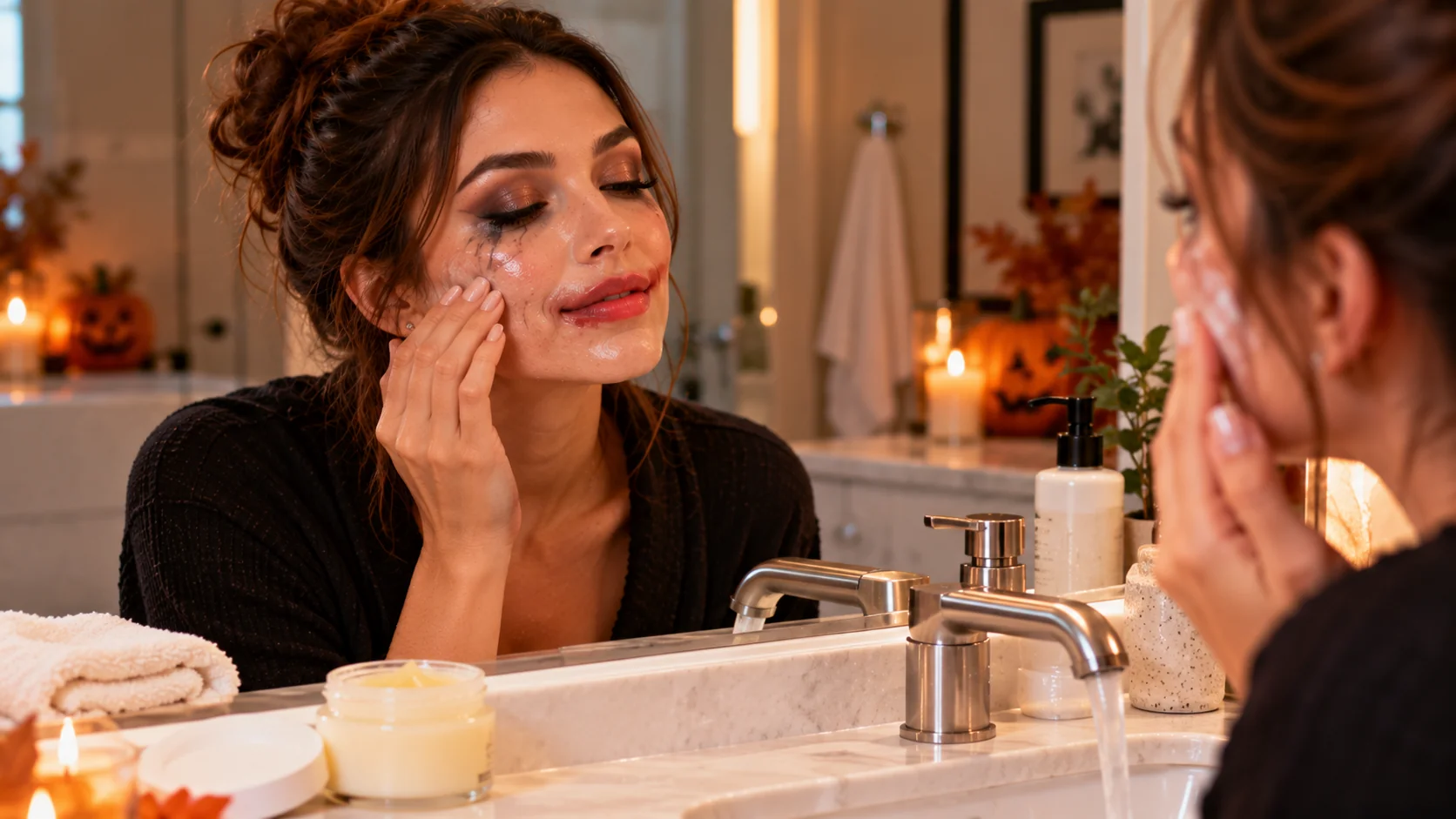 Gently removing Halloween eye makeup at the sink with a cleansing balm