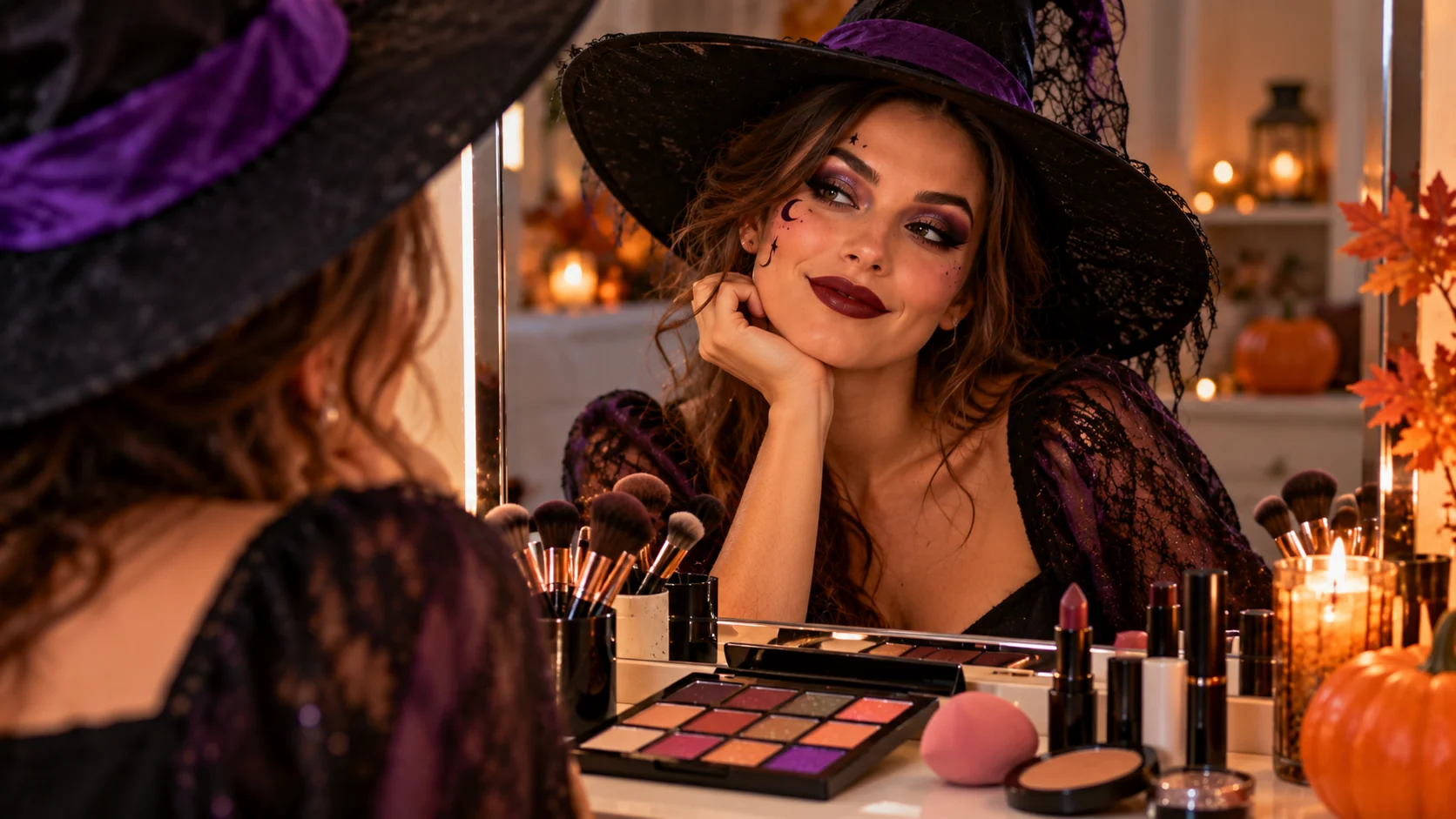 Finished witch Halloween makeup with a dark smoky eye and a deep lip color