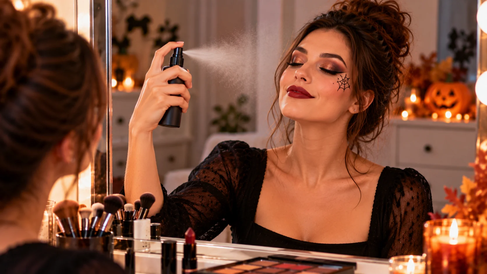 Applying setting spray to help Halloween makeup last longer