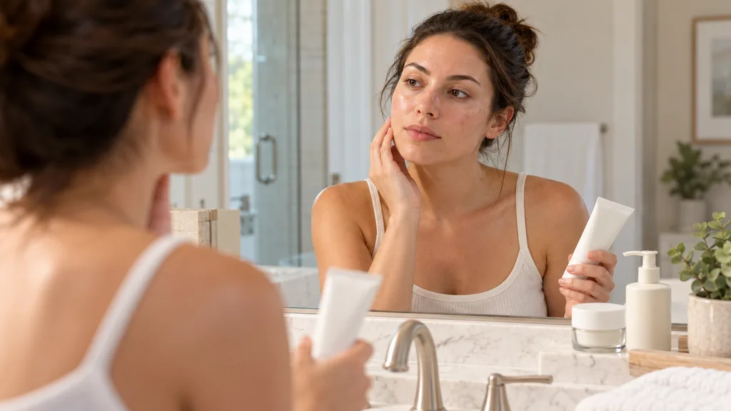 Woman evaluating facial sunscreen for oily and breakout-prone skin