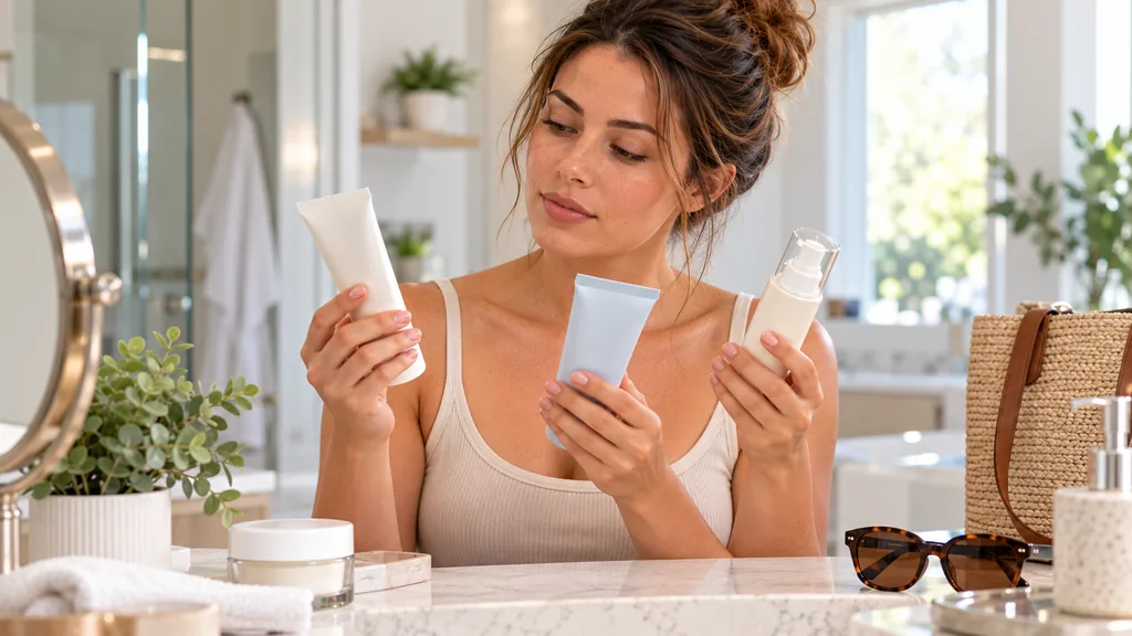 Woman comparing different facial sunscreen formats for her skincare needs