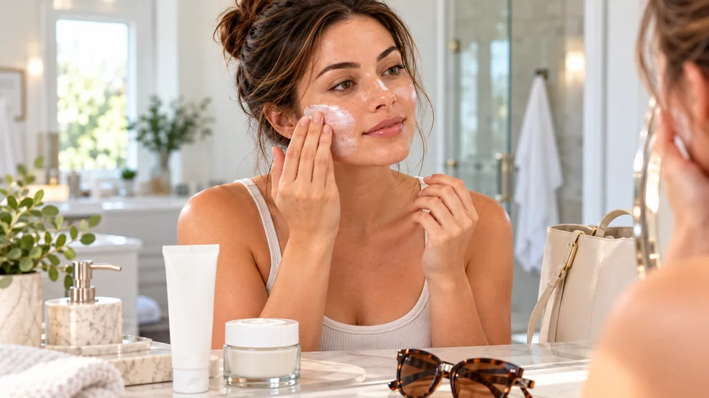 Woman evenly applying facial sunscreen during her morning routine