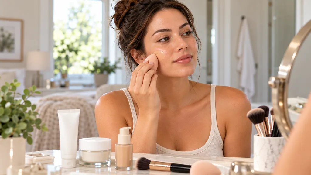 Woman applying makeup after facial sunscreen in a morning skincare routine