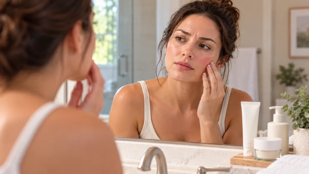 Woman checking how her sensitive-looking skin responds to facial sunscreen
