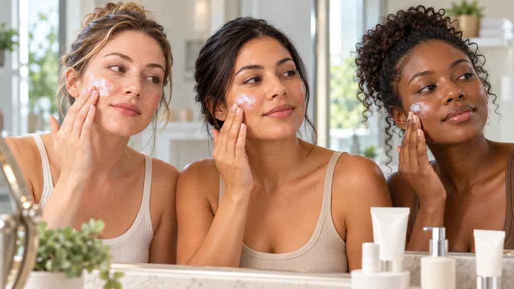 Women with different skin tones applying facial sunscreen
