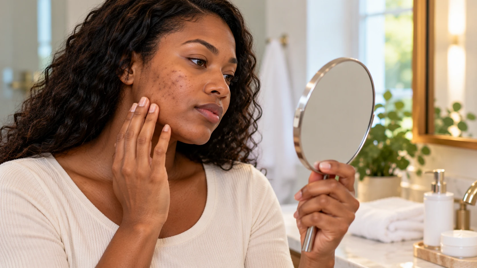 Woman examining subtle uneven skin tone on her cheek in a handheld mirror