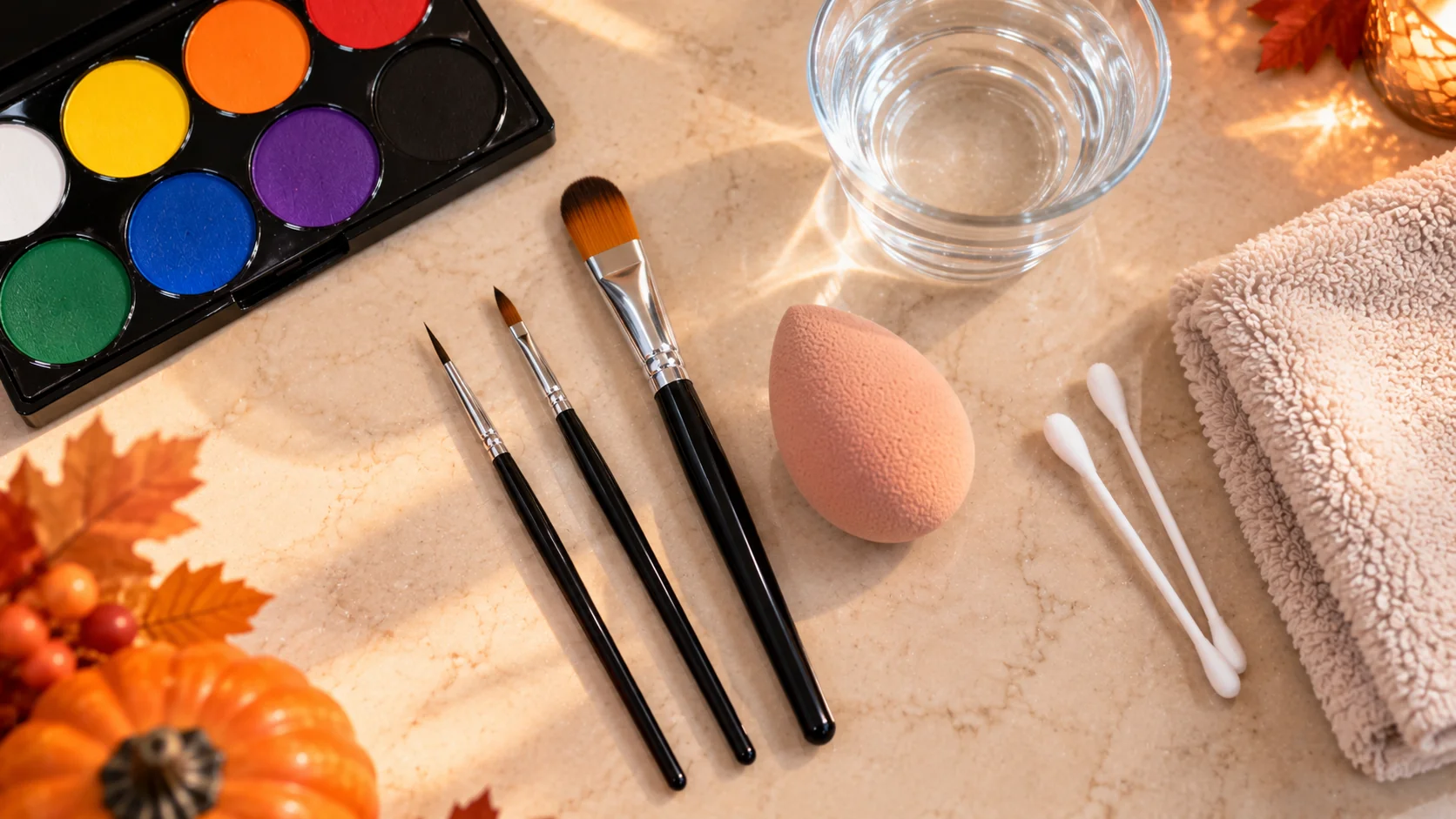 Flat-lay of face paint application tools including brushes, sponge, and water cup
