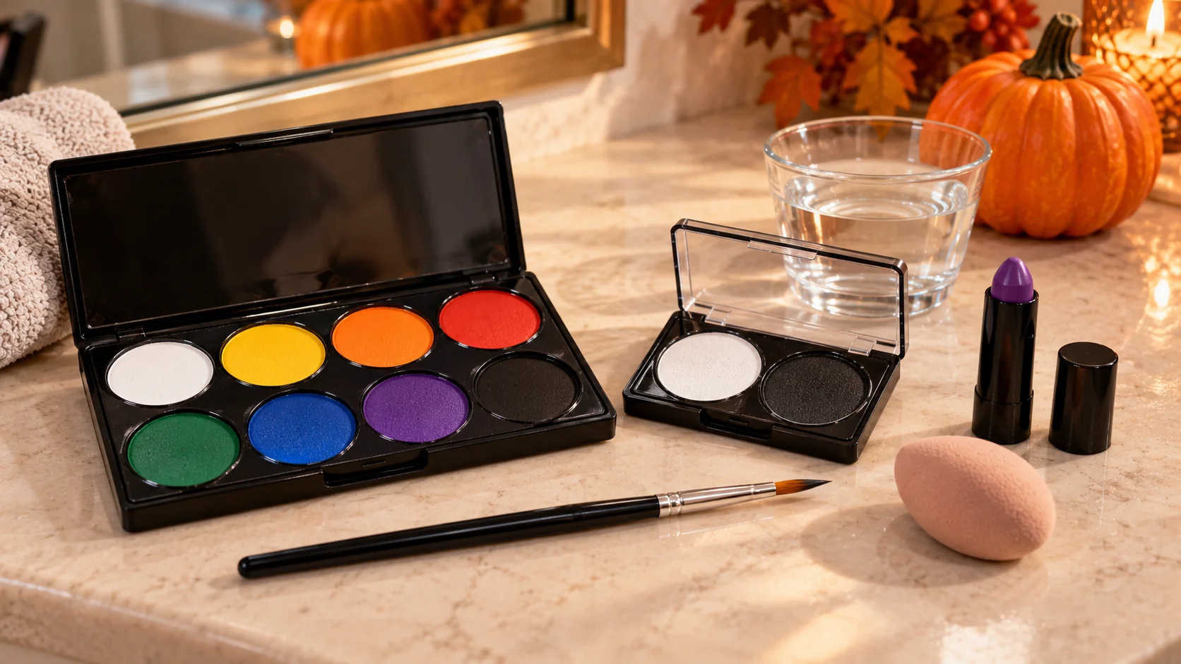 Water-activated face paint palettes and a cream face paint stick side by side