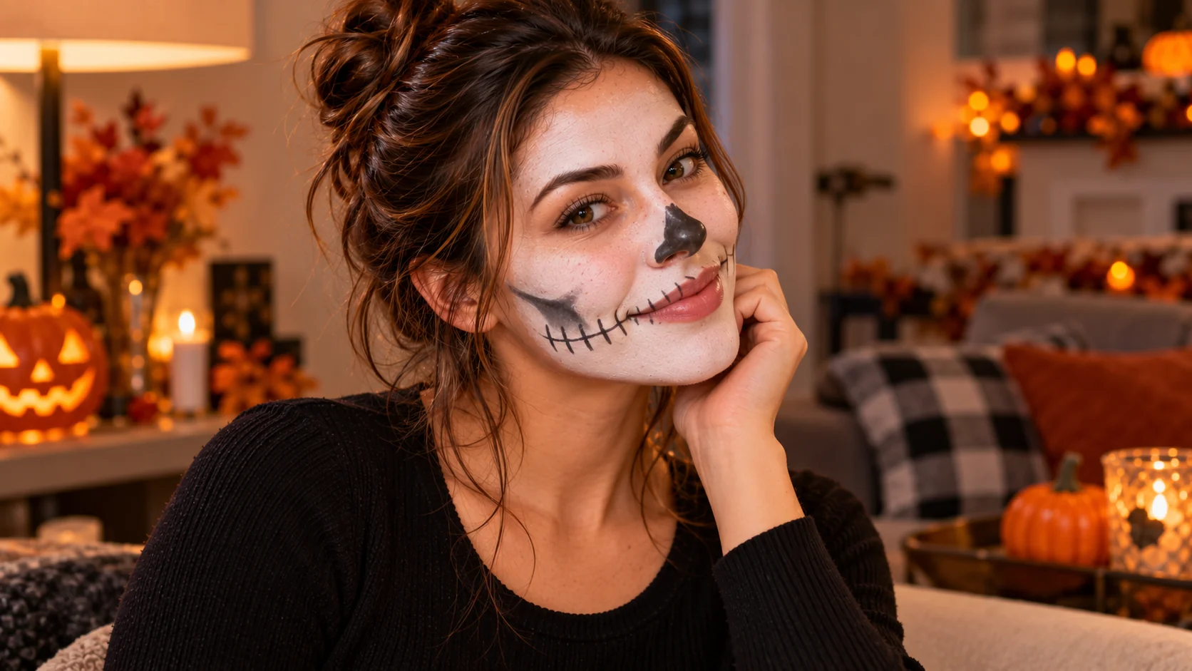 Adult with a finished Halloween face paint look, smiling in a home setting