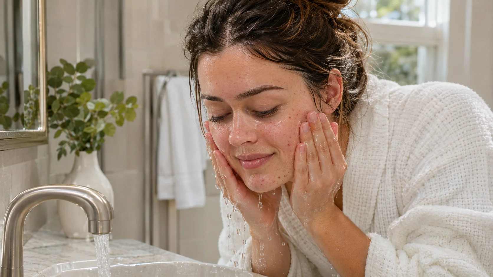 Woman gently washing her face with water at a bathroom sink