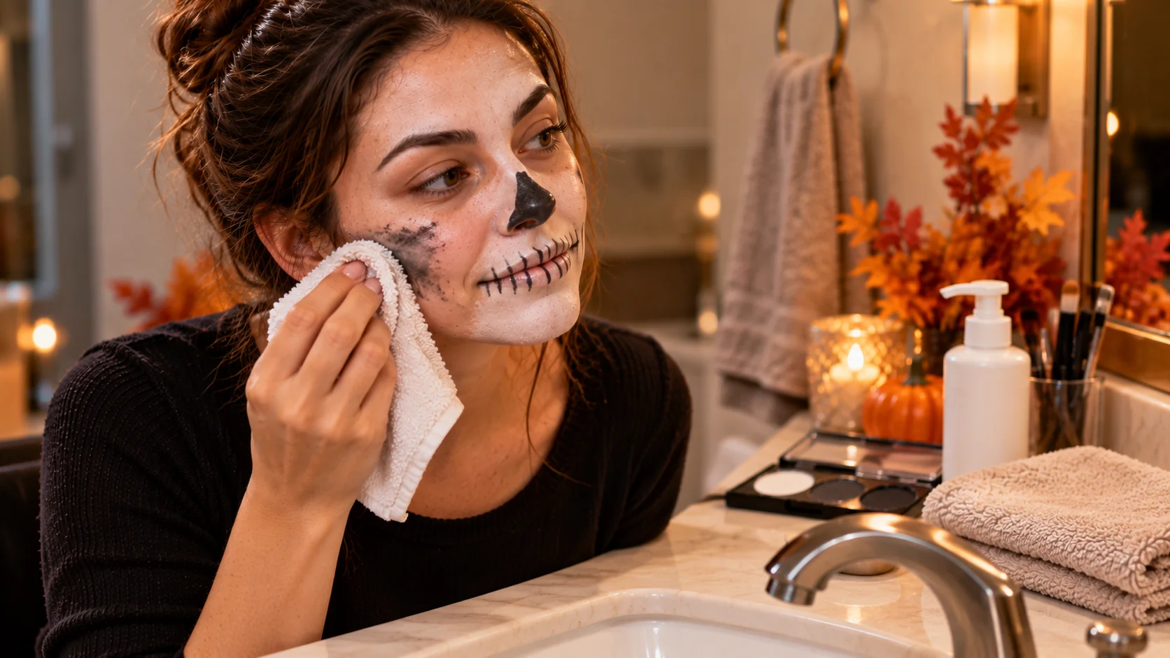 Adult gently removing Halloween face paint at a bathroom sink