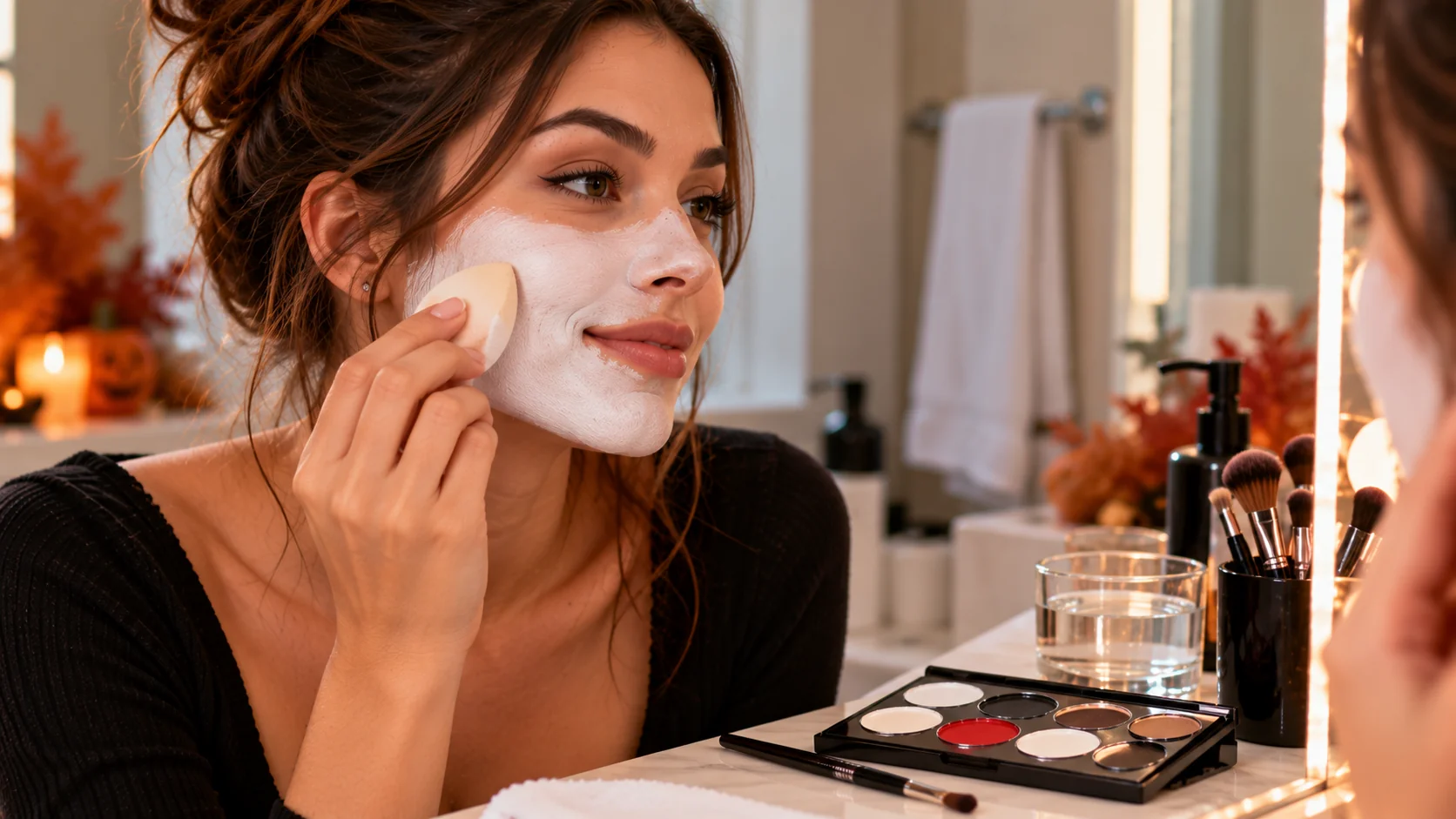Applying white face paint with a damp makeup sponge for even coverage