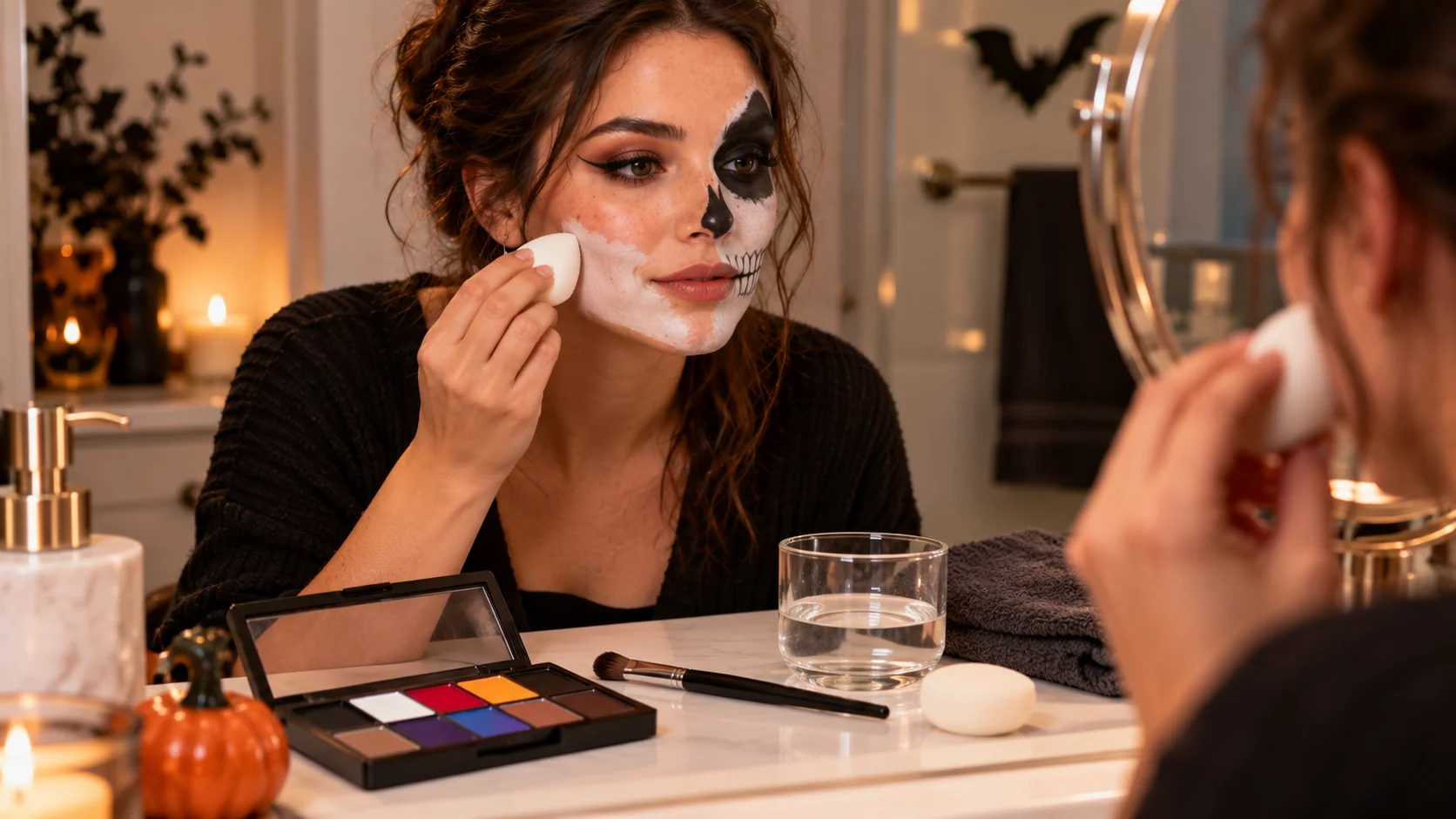Woman applying white face paint for a Halloween skeleton look with a makeup sponge