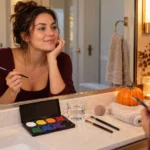 Adult preparing to apply Halloween face paint at a home bathroom vanity