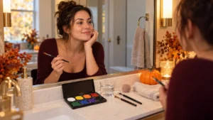 Adult preparing to apply Halloween face paint at a home bathroom vanity