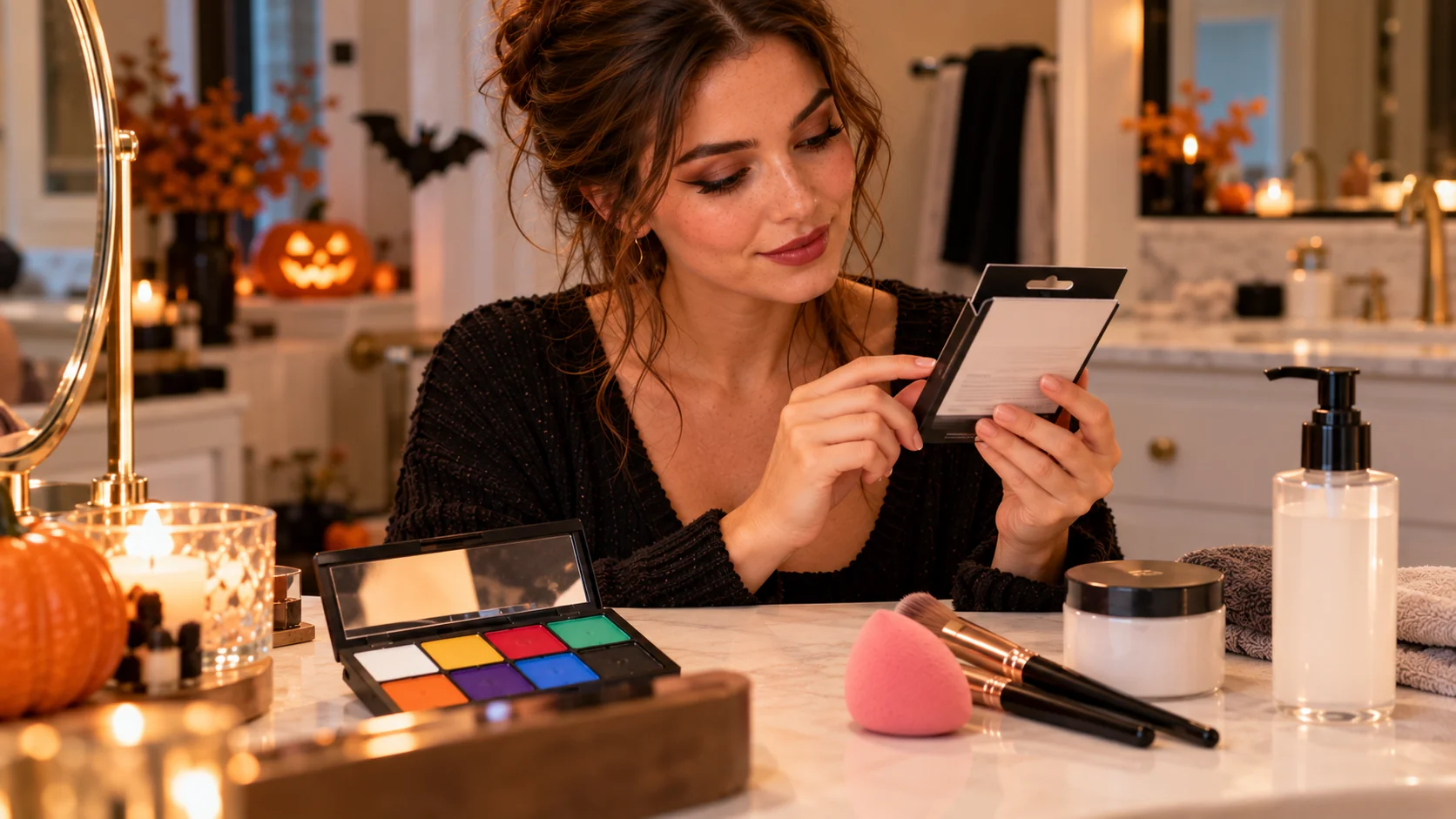 Woman reading a face paint product label before applying it