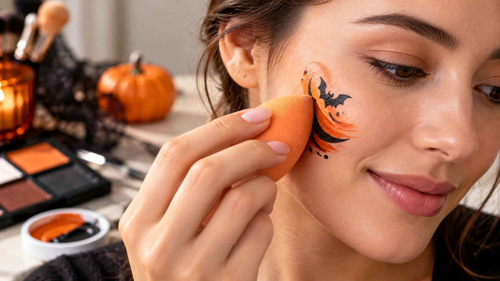 Applying Halloween face paint gently over prepared facial skin