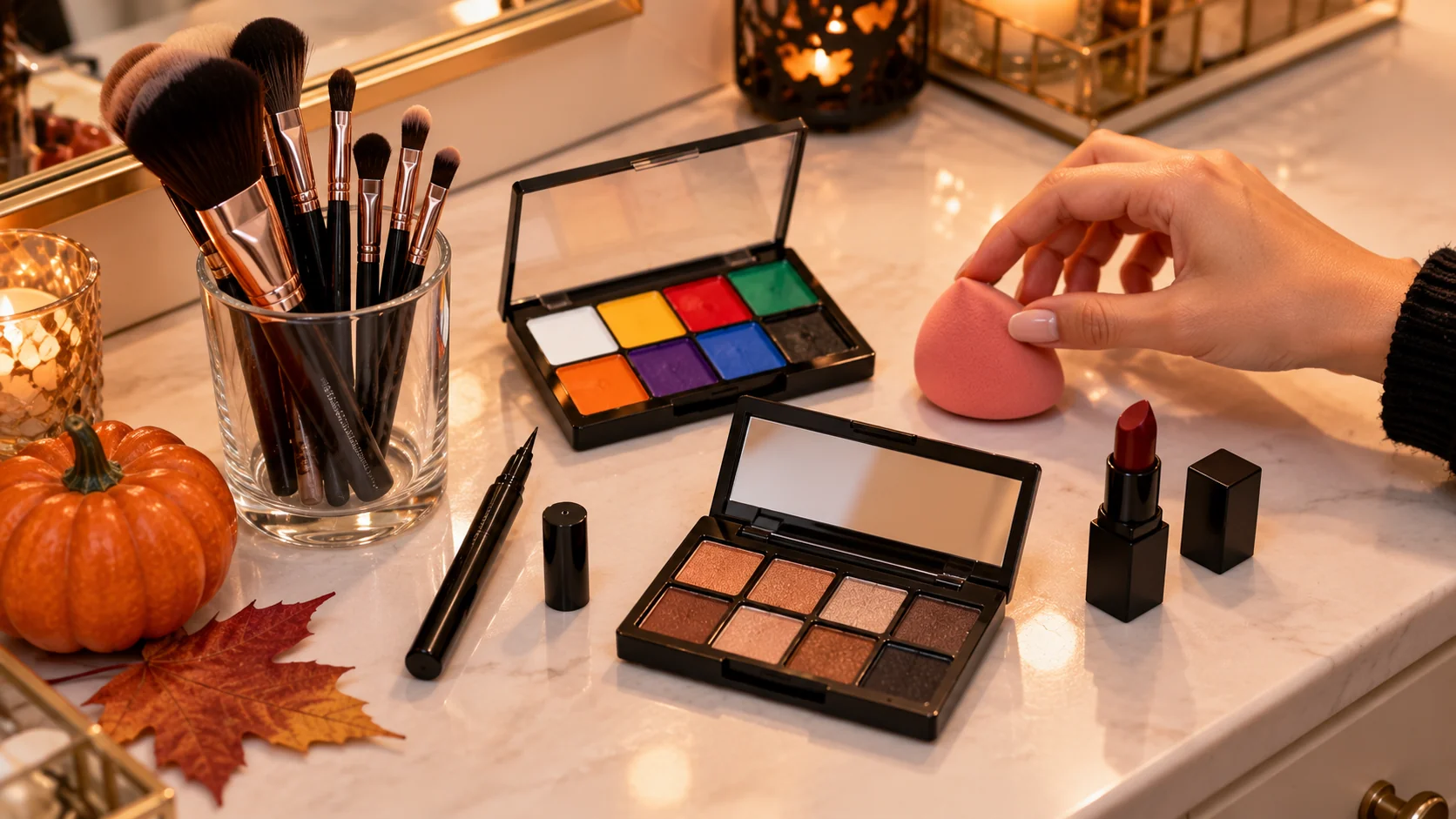 Halloween makeup brushes, eyeshadow palettes, and lip products laid out on a vanity