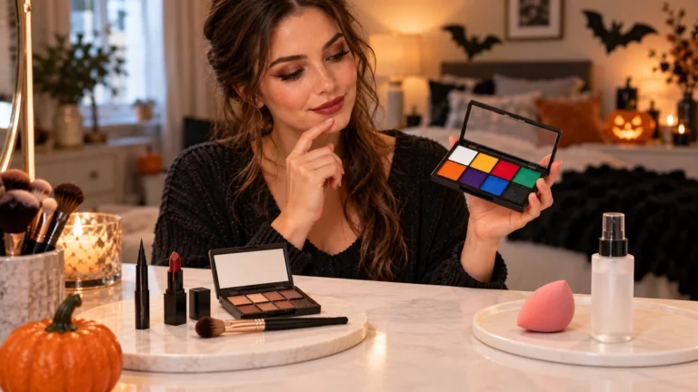 Woman considering a Halloween eyeshadow palette at her vanity before applying makeup
