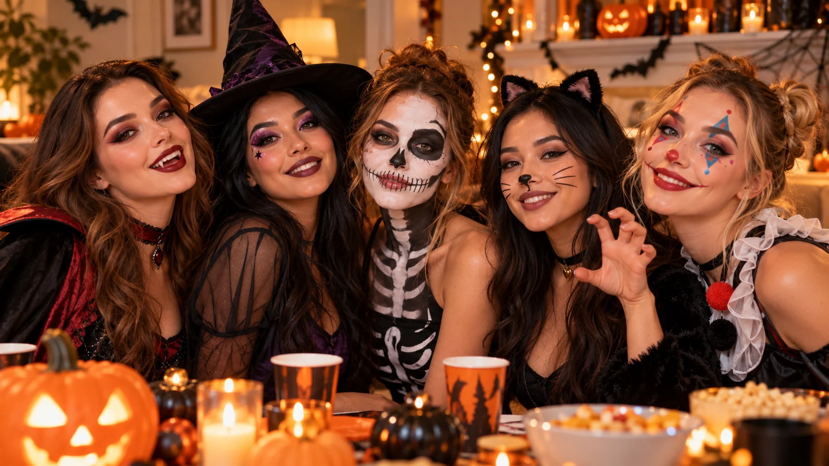 Five friends in finished Halloween makeup looks: vampire, witch, skeleton, cat, and clown