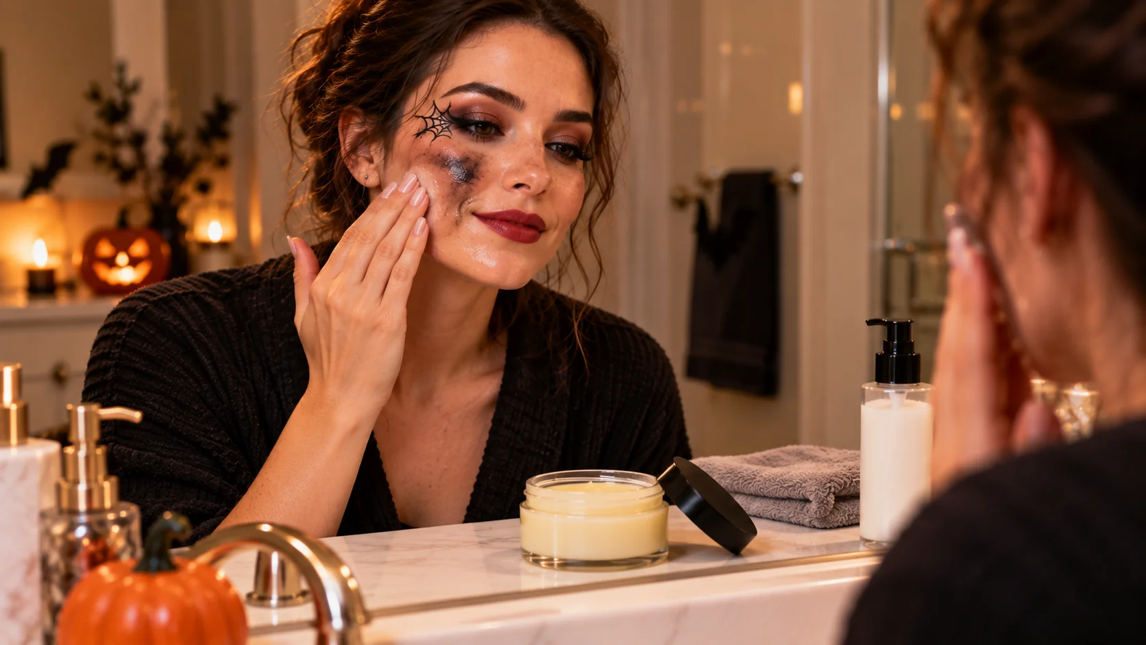 Woman gently massaging a cleansing balm into her skin to remove Halloween makeup