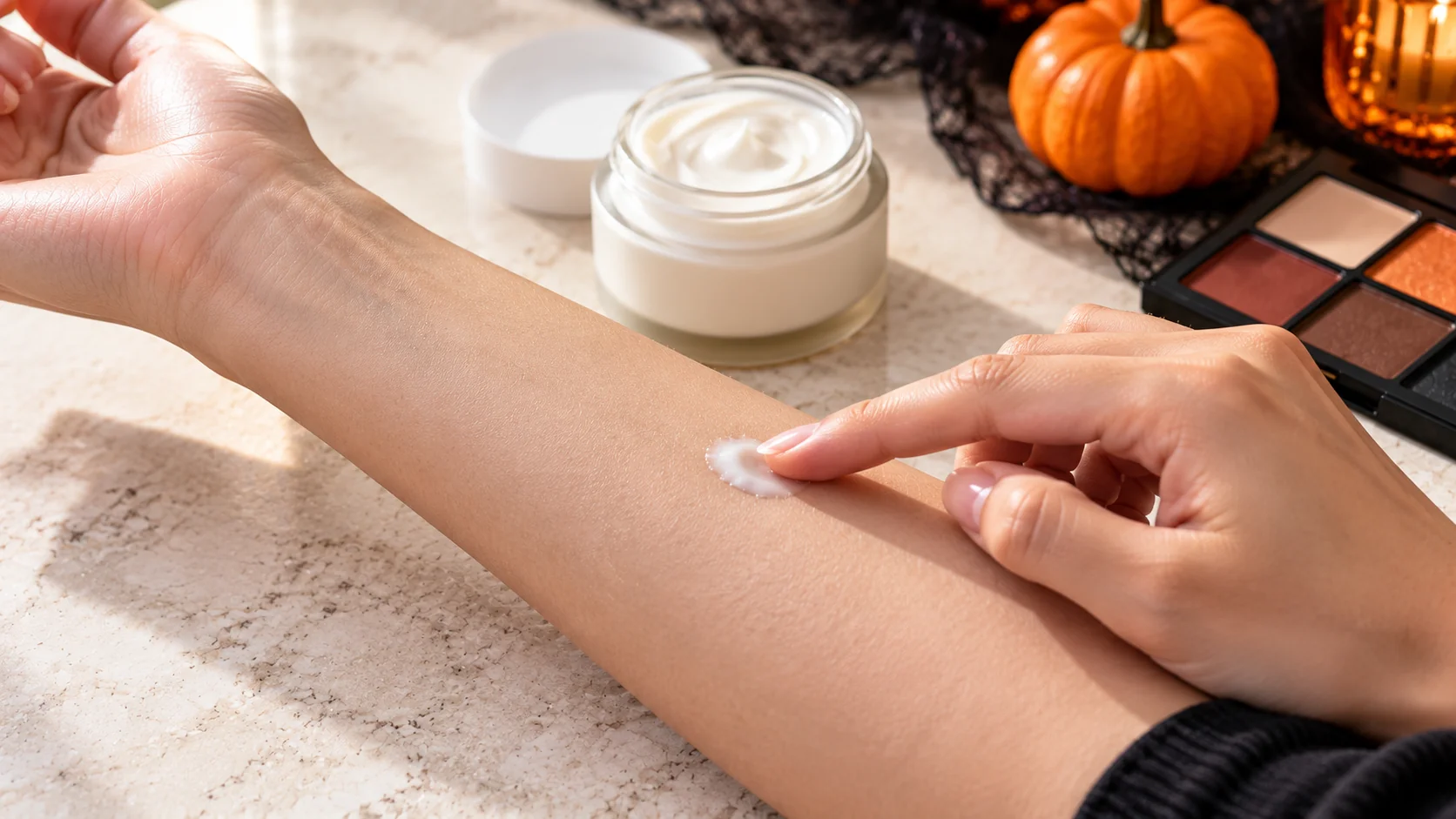 Testing a small amount of new cosmetic cream on the inner forearm