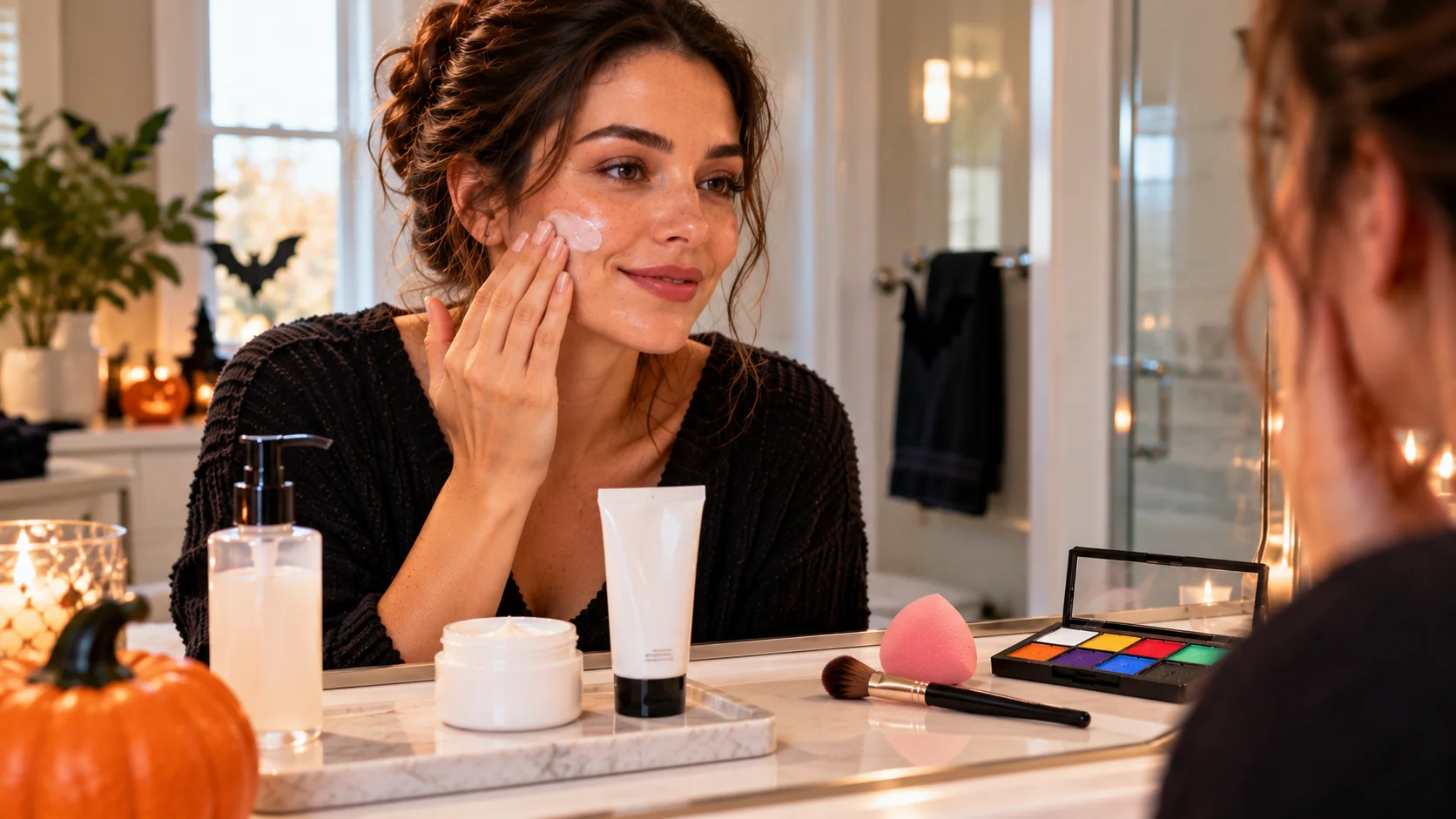 Woman applying moisturizer as a simple skin-prep step before Halloween makeup
