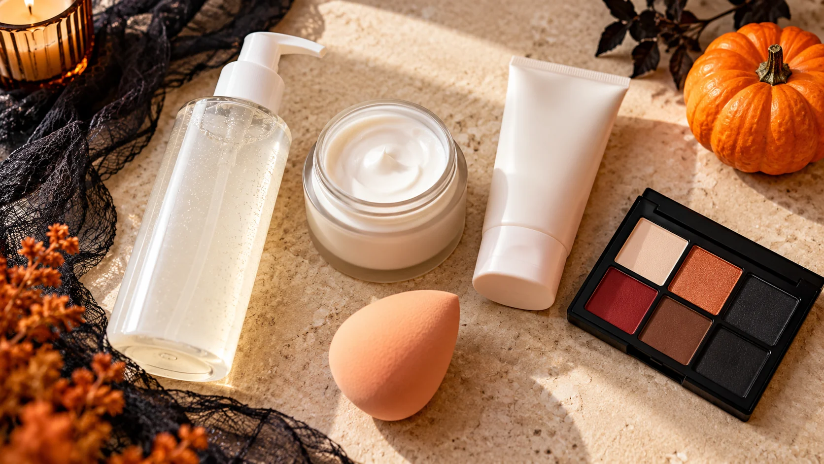 Cleanser, moisturizer, and sunscreen beside Halloween makeup products