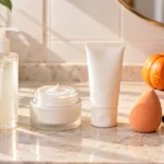 Skincare products arranged in order before Halloween makeup application