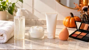 Skincare products arranged in order before Halloween makeup application