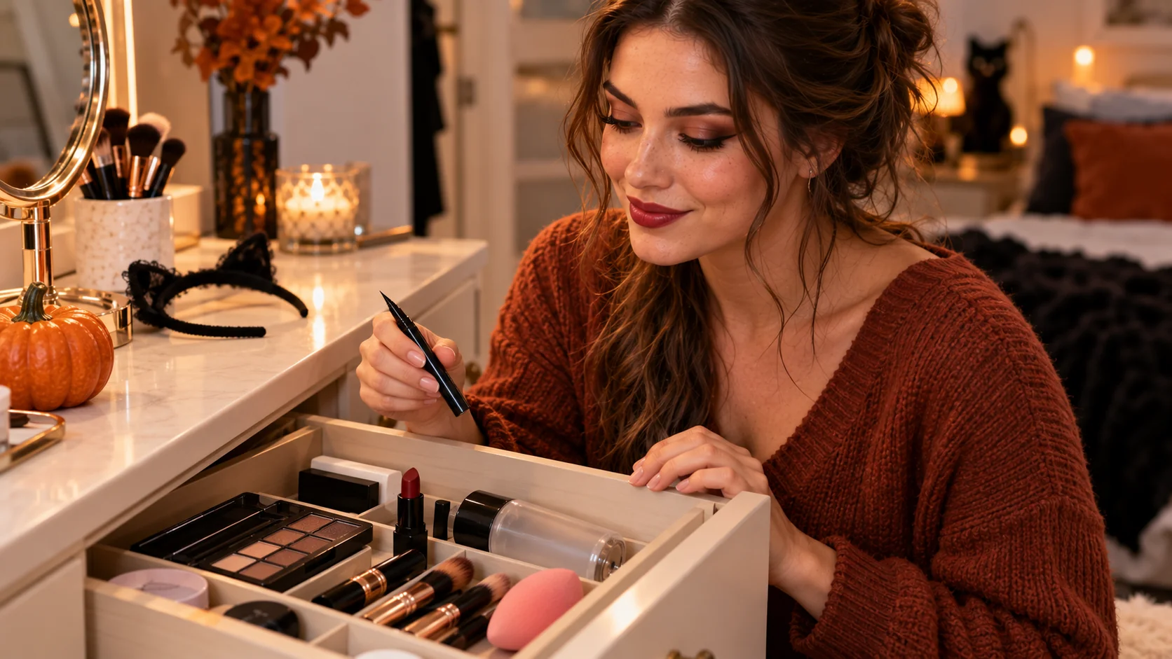 An organized drawer of everyday makeup that can double for Halloween looks