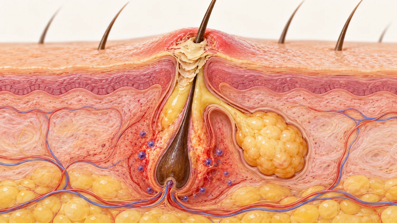 Illustration of excess oil and dead skin cells blocking a hair follicle and triggering inflammation