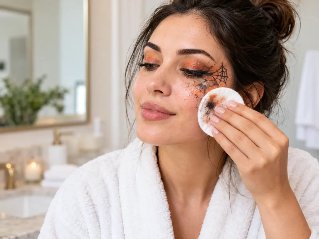 Woman gently wiping Halloween makeup from her cheek with a cotton pad