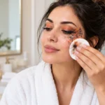 Woman gently wiping Halloween makeup from her cheek with a cotton pad