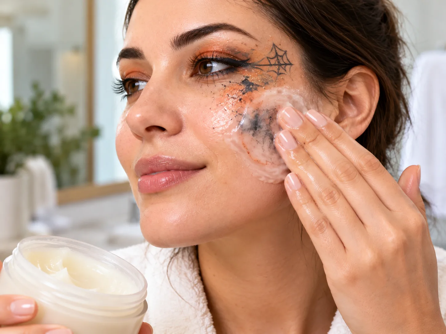 Close-up of hands applying cleansing balm to painted skin before rinsing