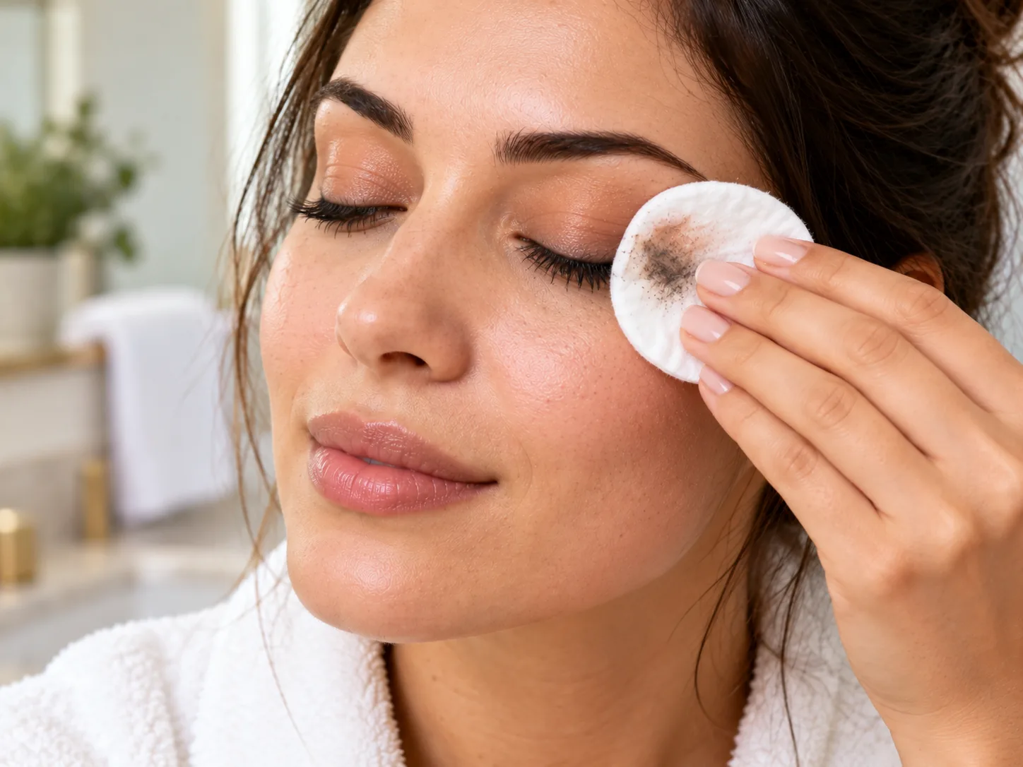 Cotton pad gently pressed against closed eyes to remove eye makeup