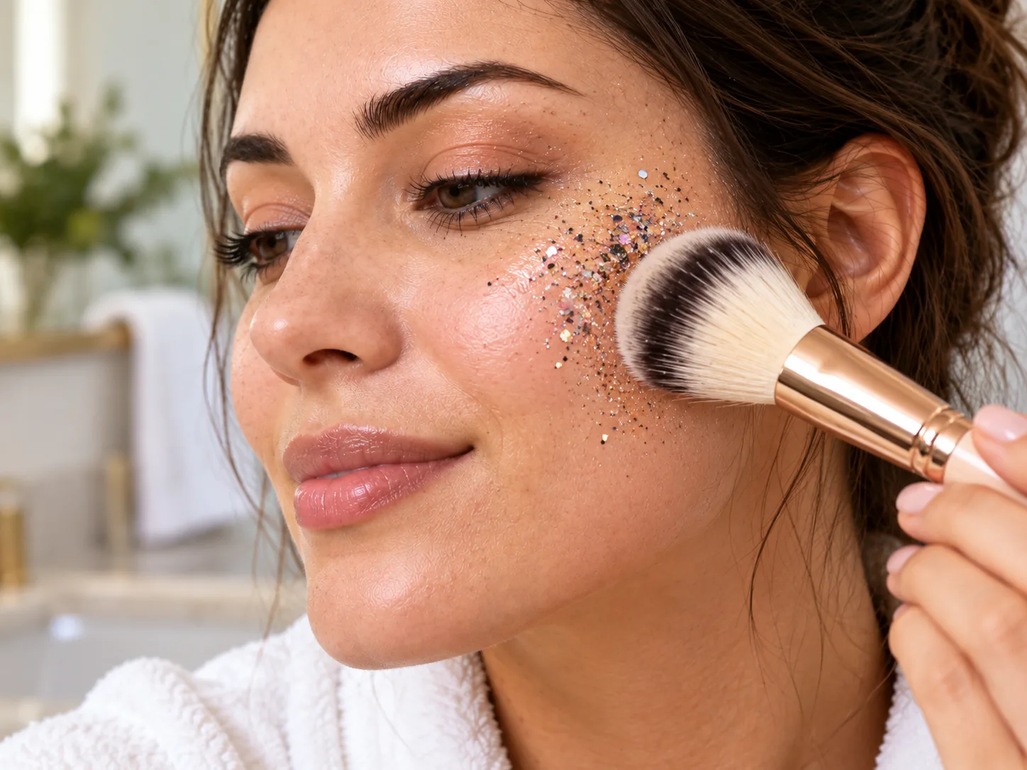 Soft makeup brush gently dusting loose glitter from skin before cleansing