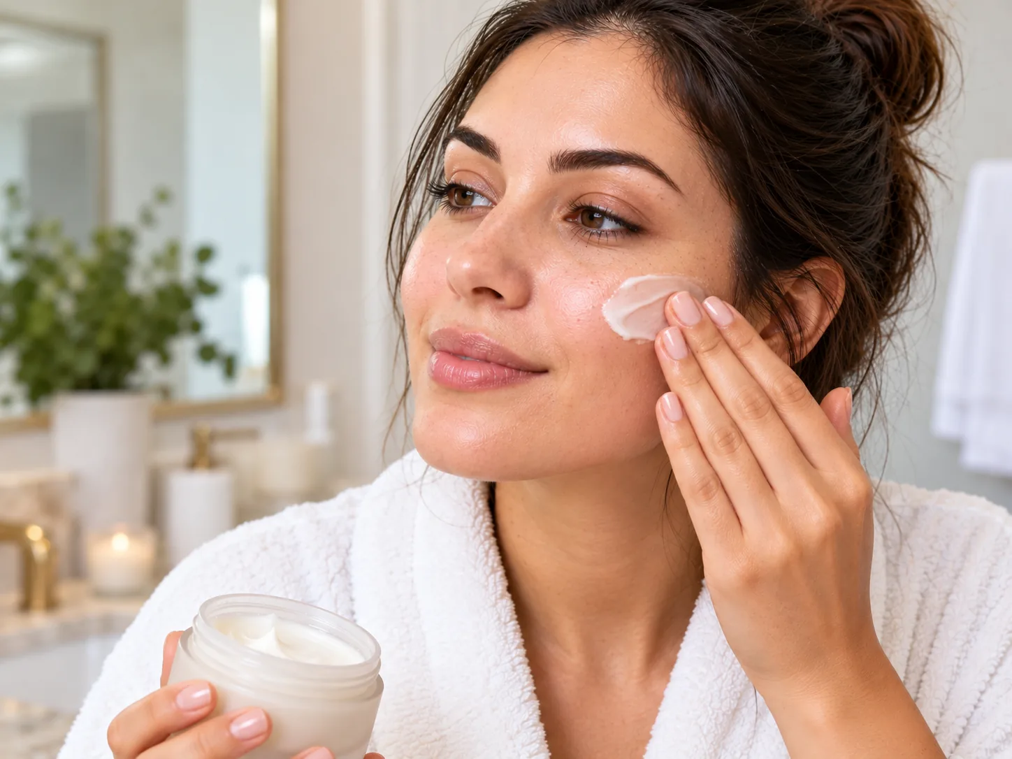 Woman applying moisturizer to freshly cleansed skin