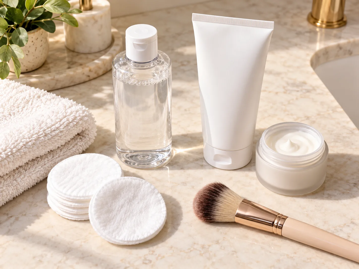 Flat lay of gentle makeup-removal supplies including cotton pads, micellar water, and a soft washcloth