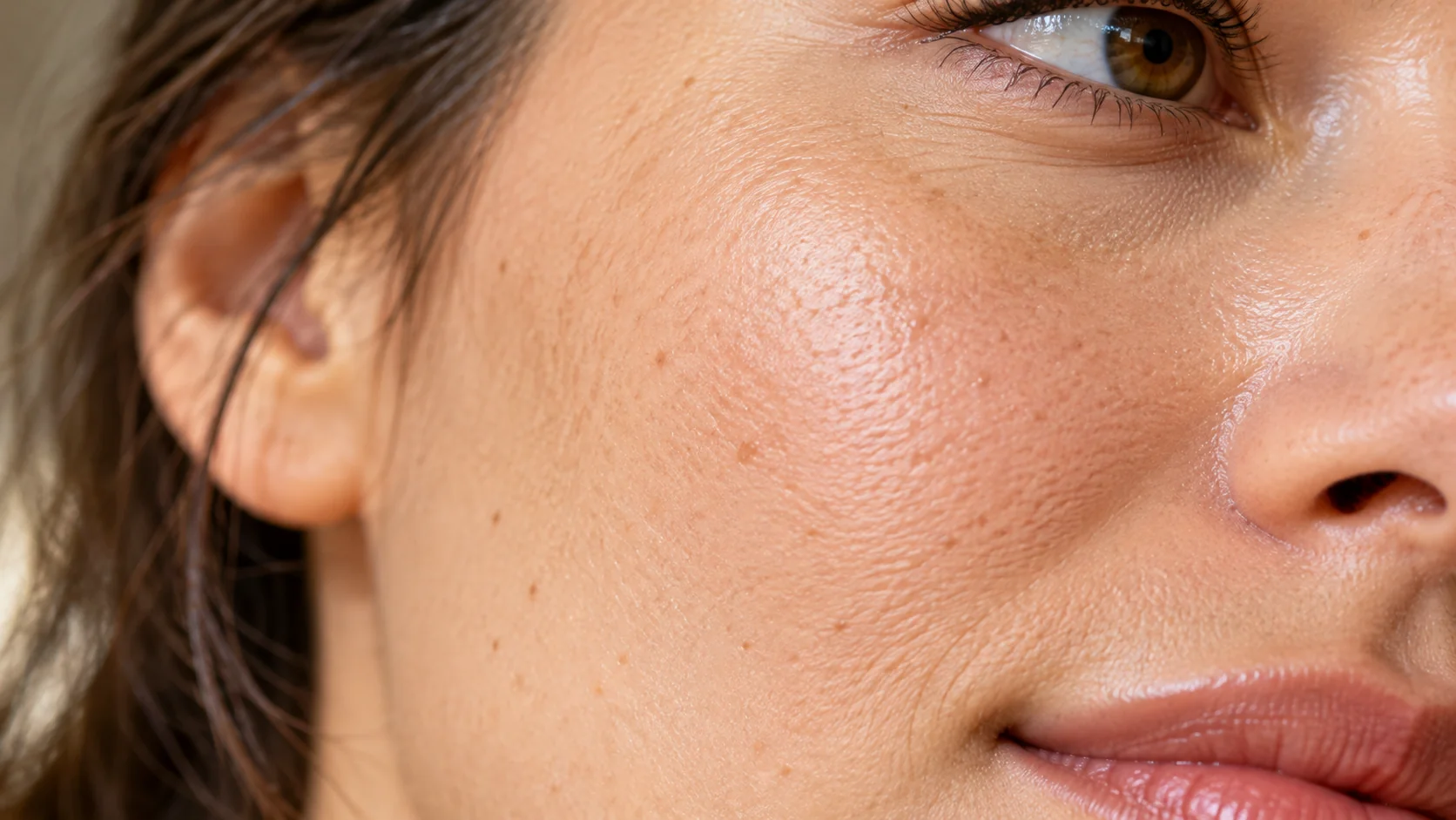Close-up of natural, healthy-looking skin with visible pores and ordinary texture