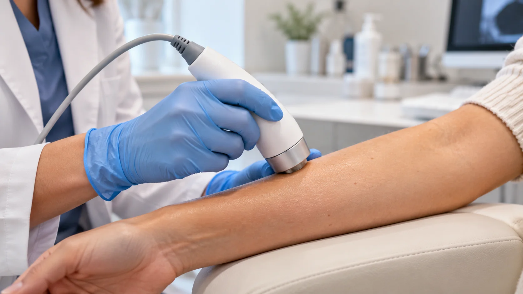 Dermatology researcher using a handheld skin-hydration measurement device on a forearm in a clinical setting
