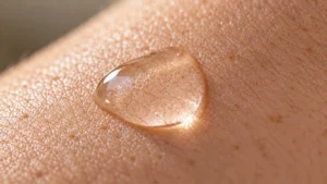 Water droplet on realistic, naturally textured skin representing hyaluronic acid skincare