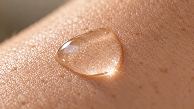 Water droplet on realistic, naturally textured skin representing hyaluronic acid skincare