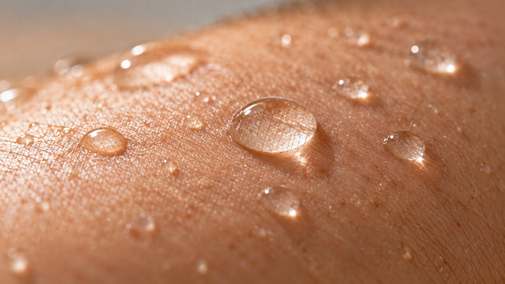 Water droplets beaded on skin, used as an editorial visual metaphor for hydration