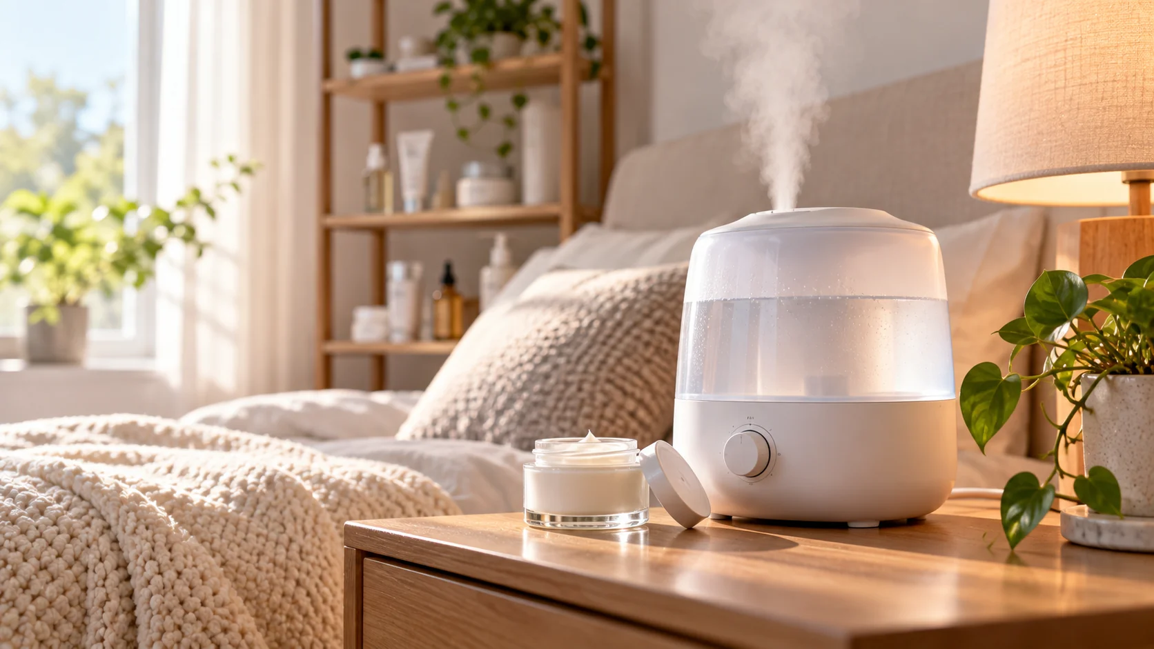 Humidifier releasing mist on a bedside table near a skincare shelf, representing humidity support for hydrating skincare