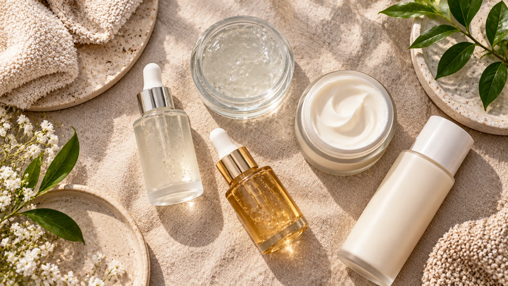 Several generic unbranded active-ingredient skincare bottles grouped together on a neutral surface