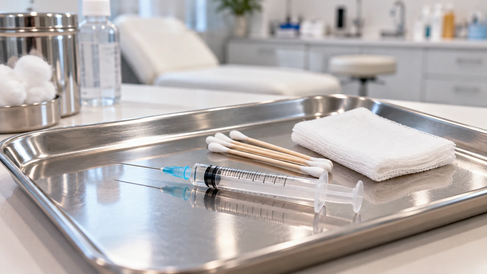 Sterile medical tray with a syringe in a dermatology treatment room, representing injectable dermal fillers